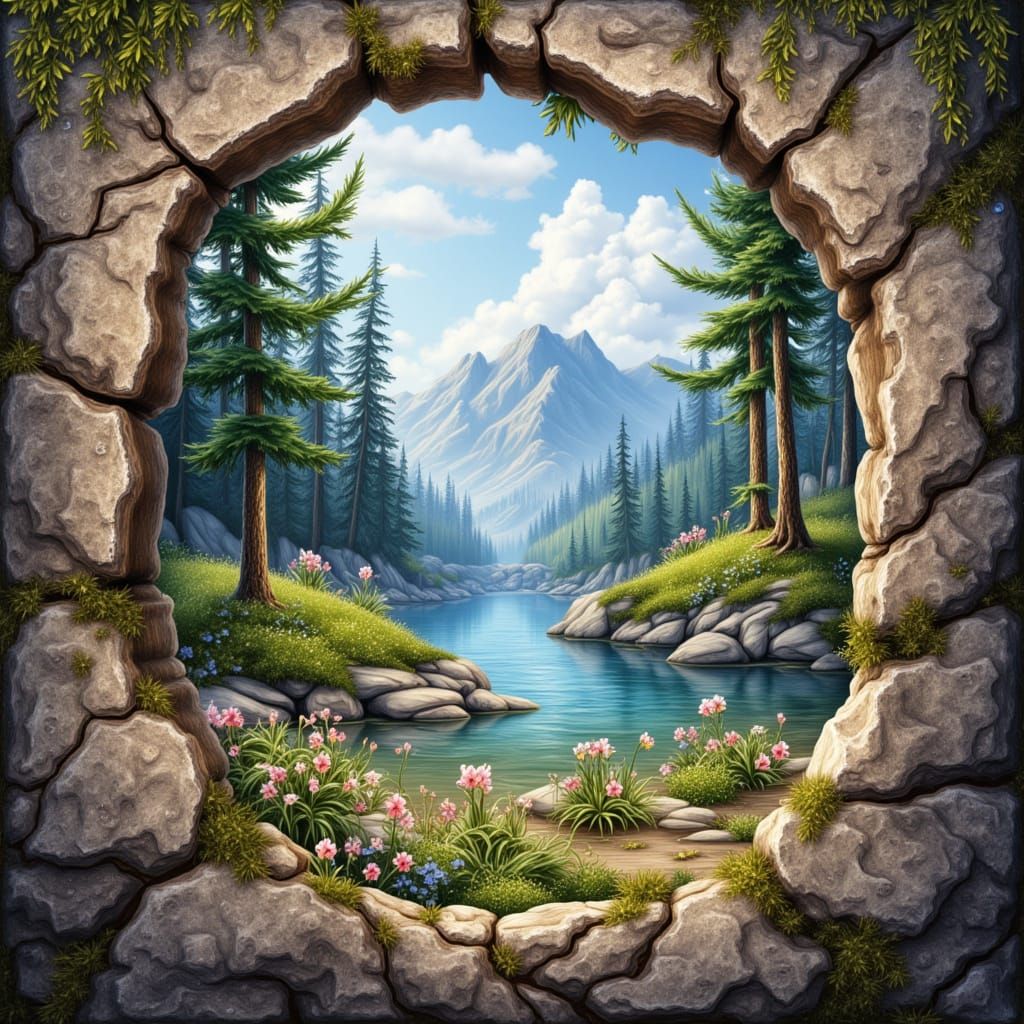Surrealistic Rocky Portal to Enchanted Spring Wonderland