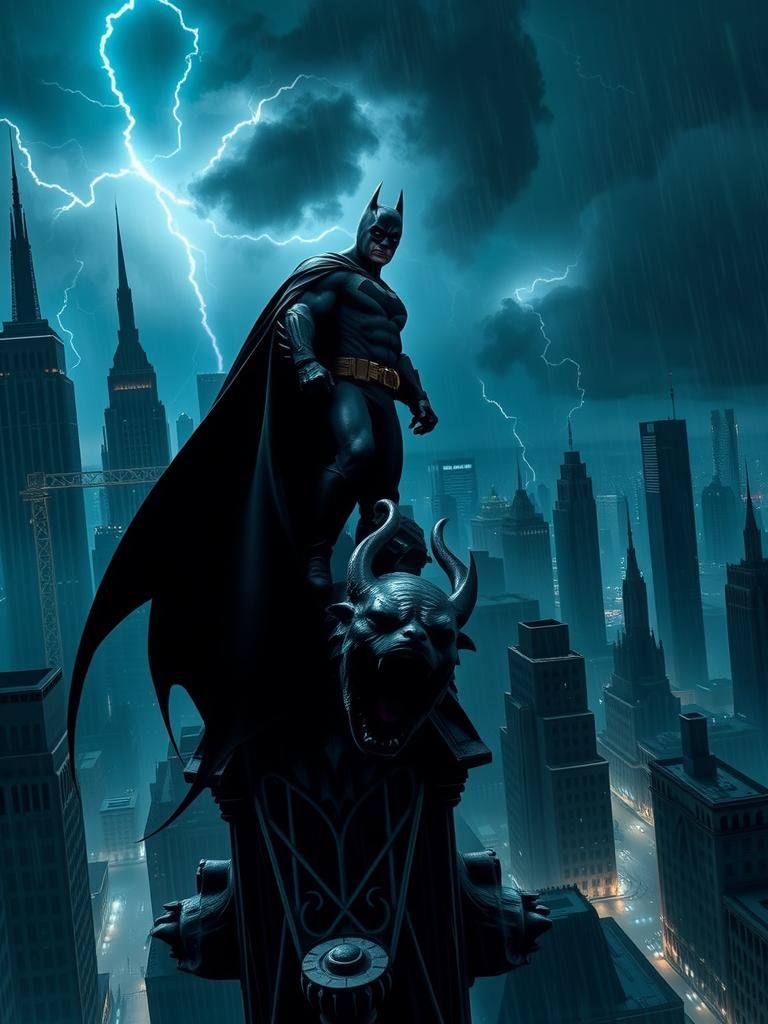 Batman, Guardian of Gotham, in Stormy Night
