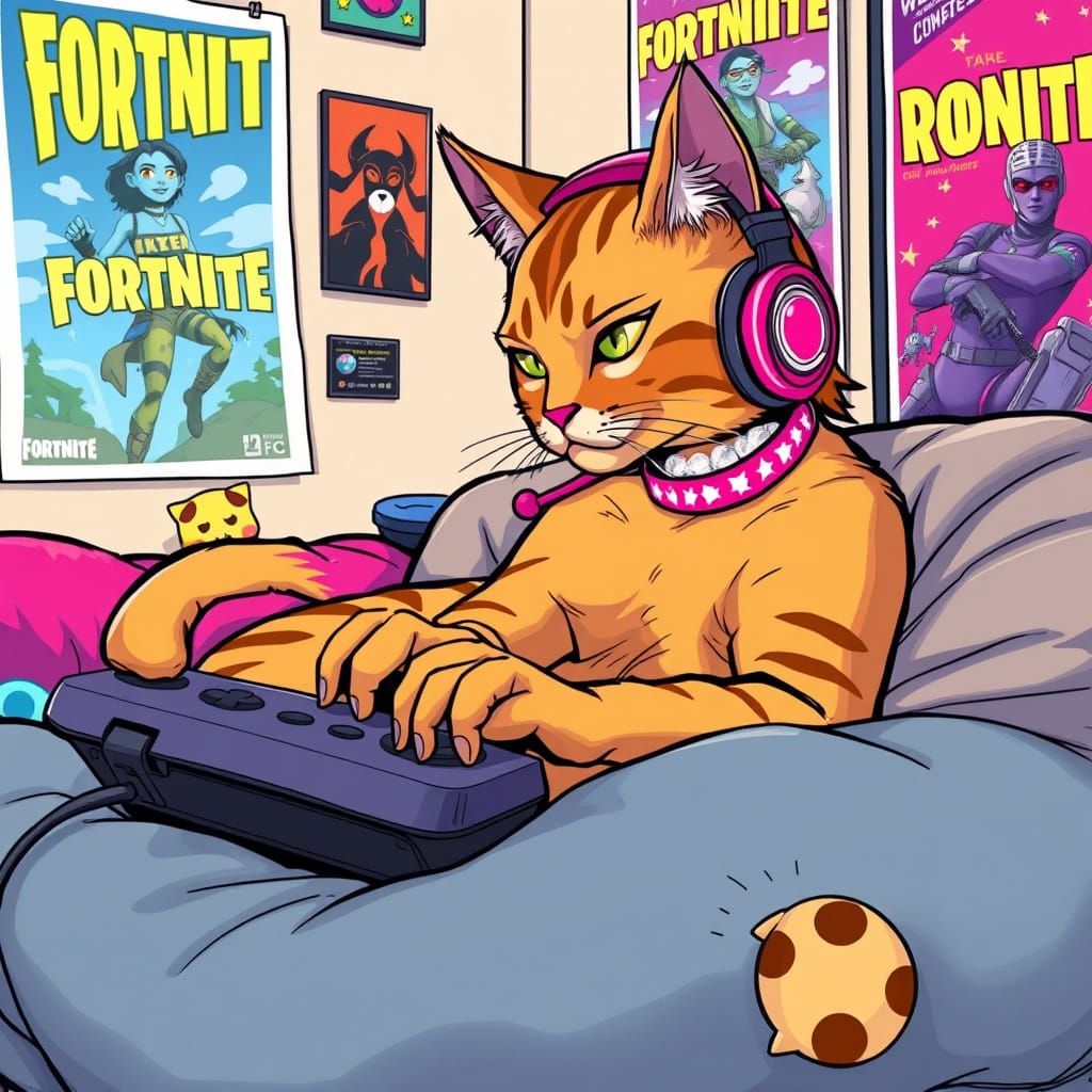 a girly female cat playing Fortnite  video game