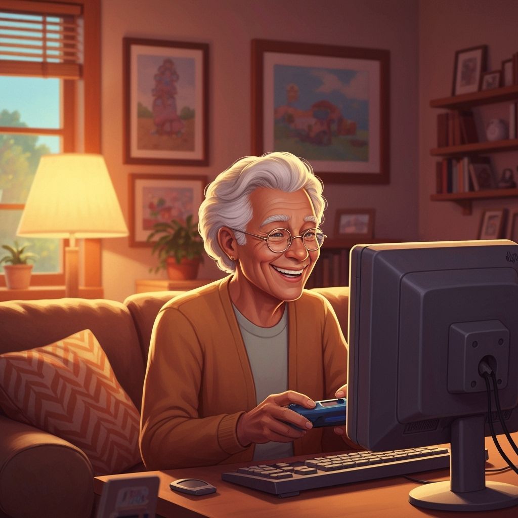 Happy Senior Citizen Plays Video Games in Cozy Room