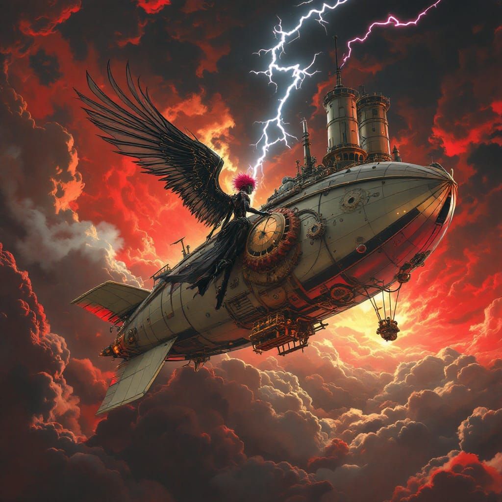 Steampunk Android Soaring on Zeppelin in Crimson Sky