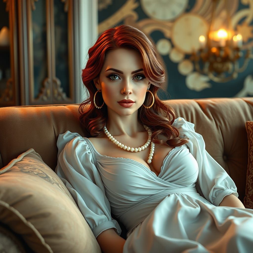 Elegant Redhead Reclines on Plush Sofa in Timeless Tintin-In...