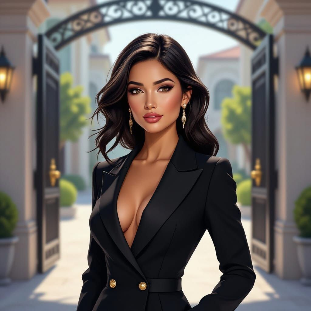 Elegant Woman Posing at Luxurious Gate in Digital Art Style
