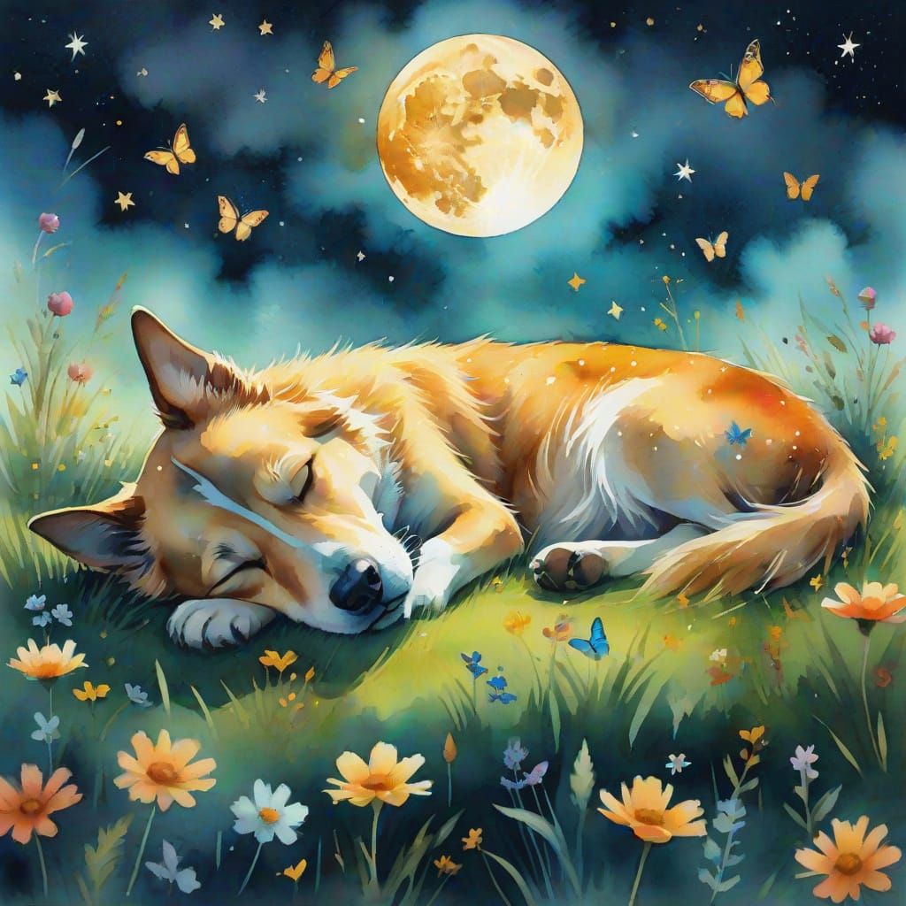 Dreamy Sleeping Dog Fantasy Art in Watercolor