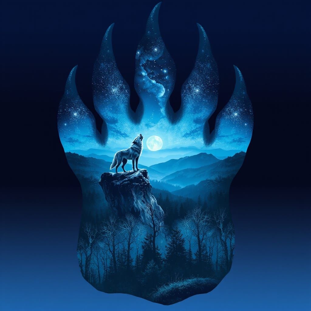 Wolf Paw Print with Mysterious Landscape Scene