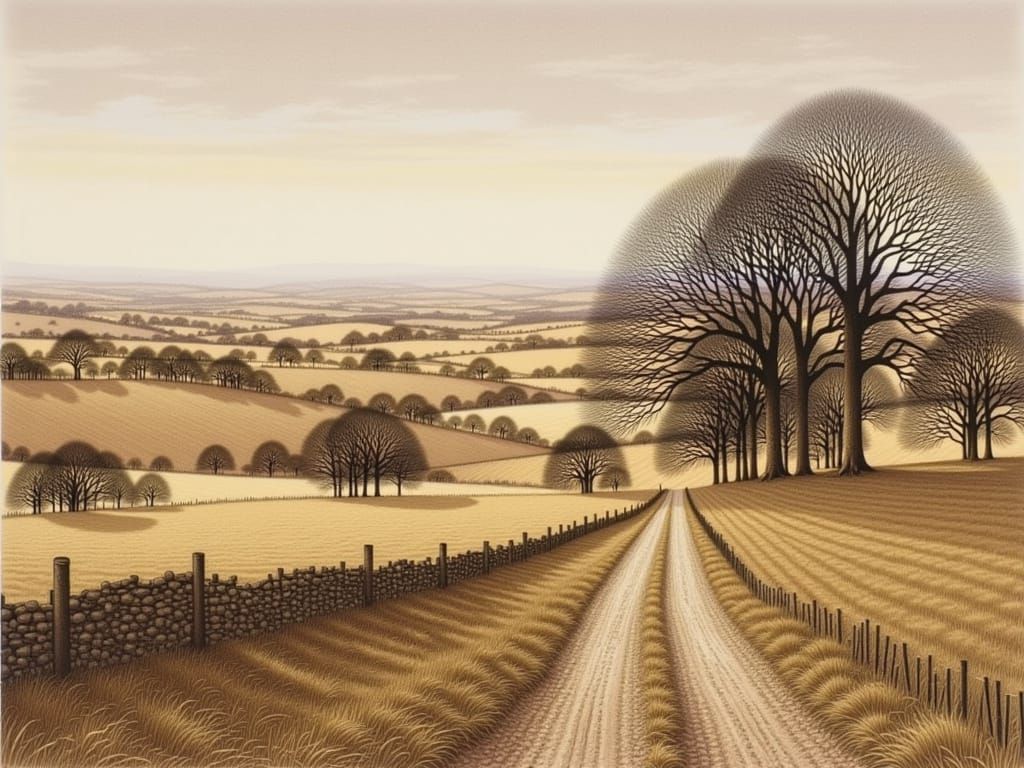 Rustic Road Leads to Serene Farmhouse in Lush Landscape