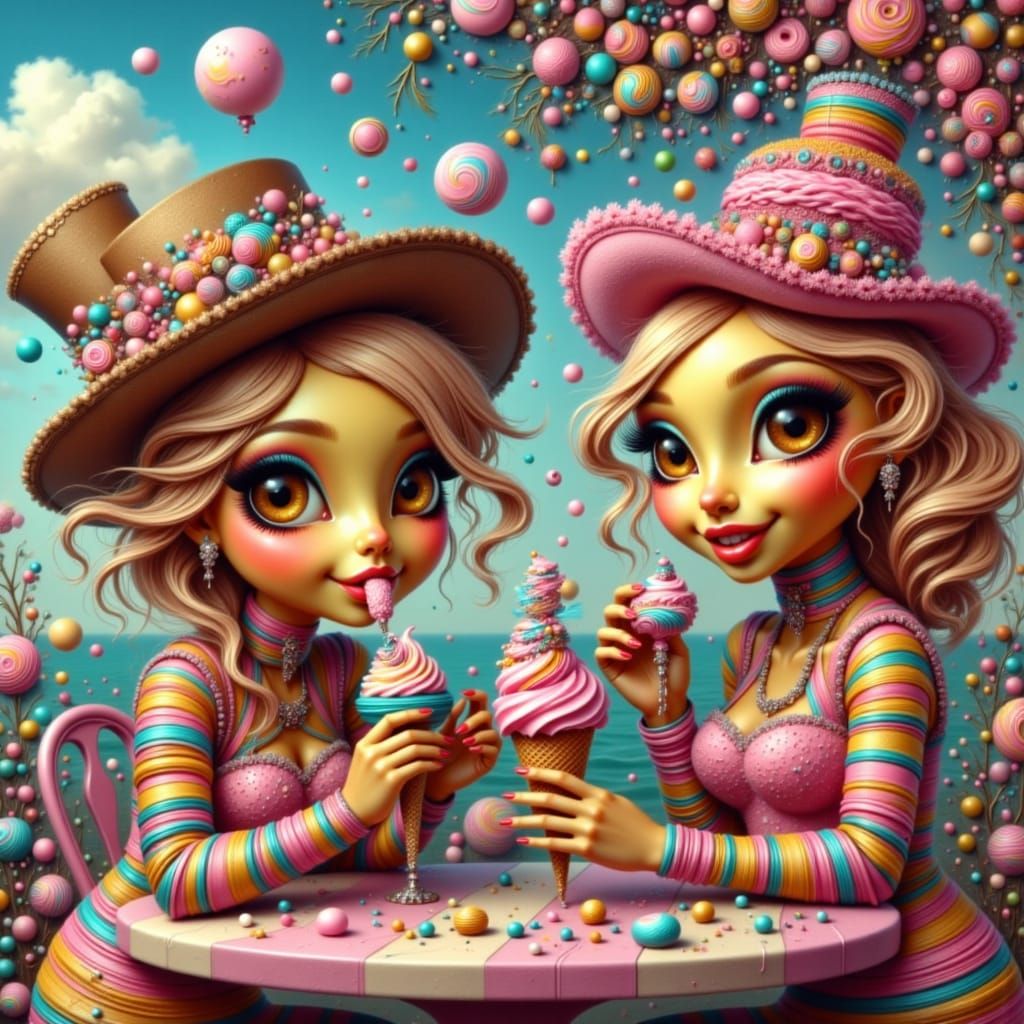 <lora:Lady Hatter:1.0> whimsical surreal seaside café where ...