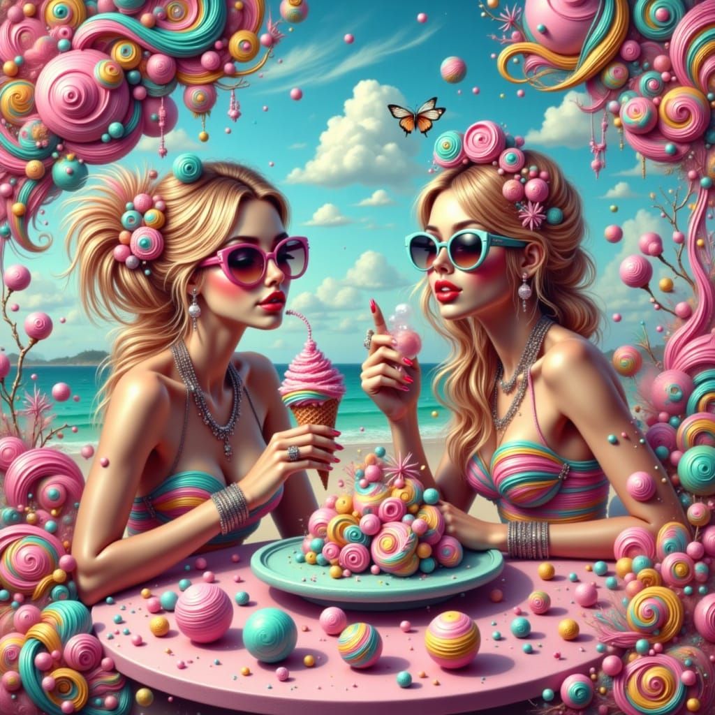 <lora:Lady Hatter:1.0> whimsical surreal seaside café where ...