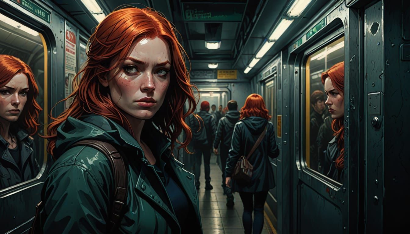 Red-Haired Woman in Subway: Comic Book Art