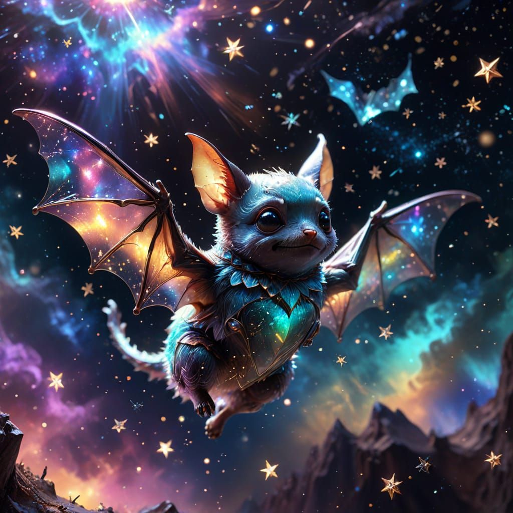 Adorable Glass Bat in Space: Whimsical Fantasy Art