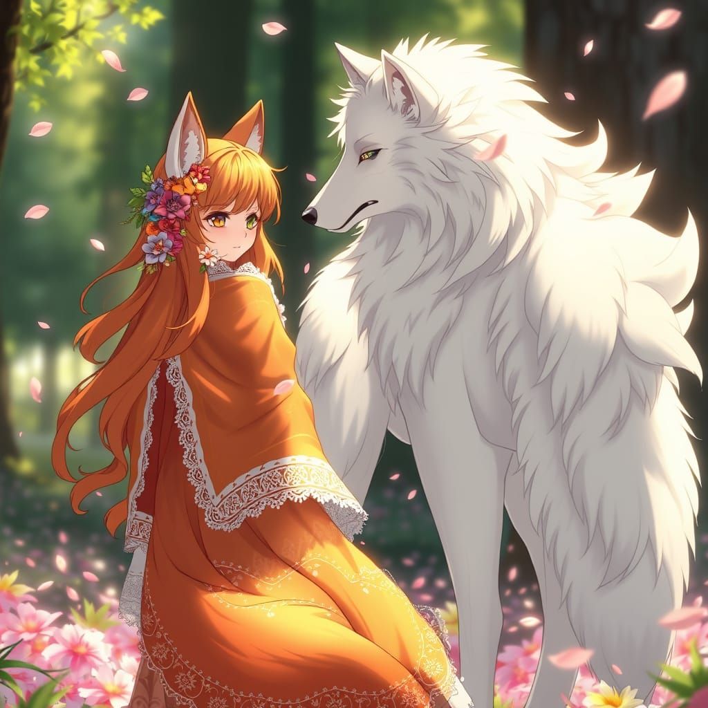 Majestic Wolf and Whimsical Fox Girl in Enchanted Forest Gla...