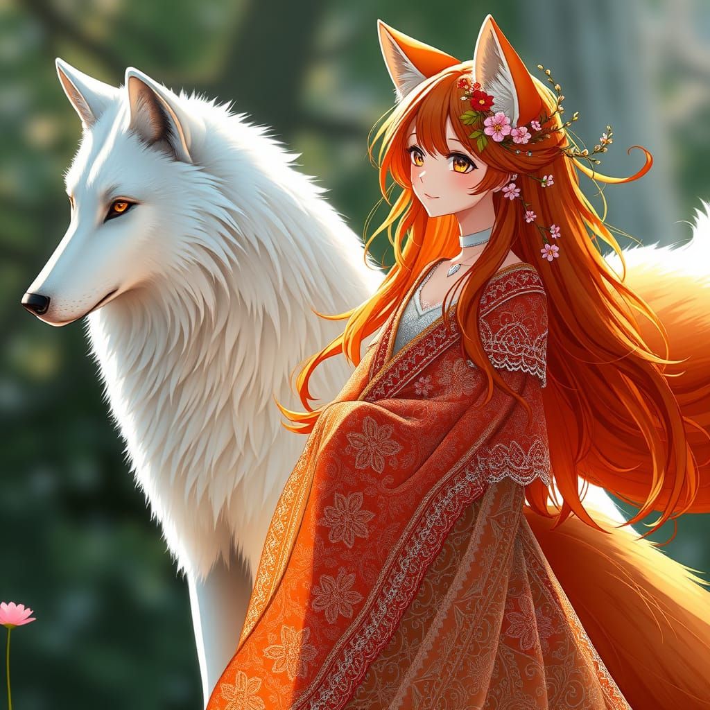 Majestic Wolf and Fox Girl in Whimsical Wonderland