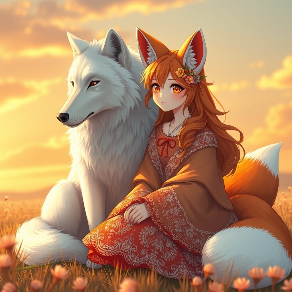 Whimsical Fox Girl and Majestic White Wolf in Sunset Harmony