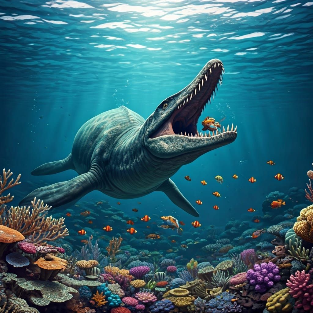 Plesiosaur Chomps Fish in Coral Reef