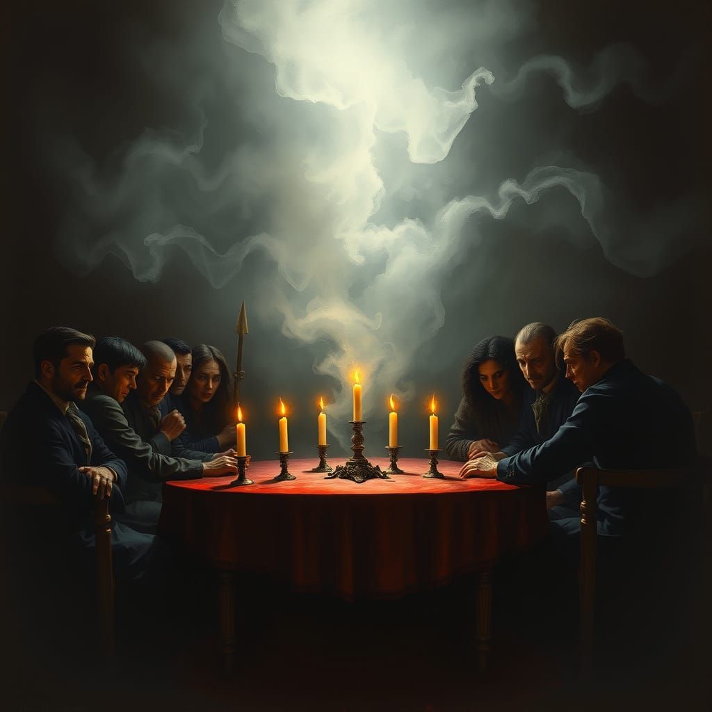 Ethereal Séance in Dimly Lit Room with Flickering Candles