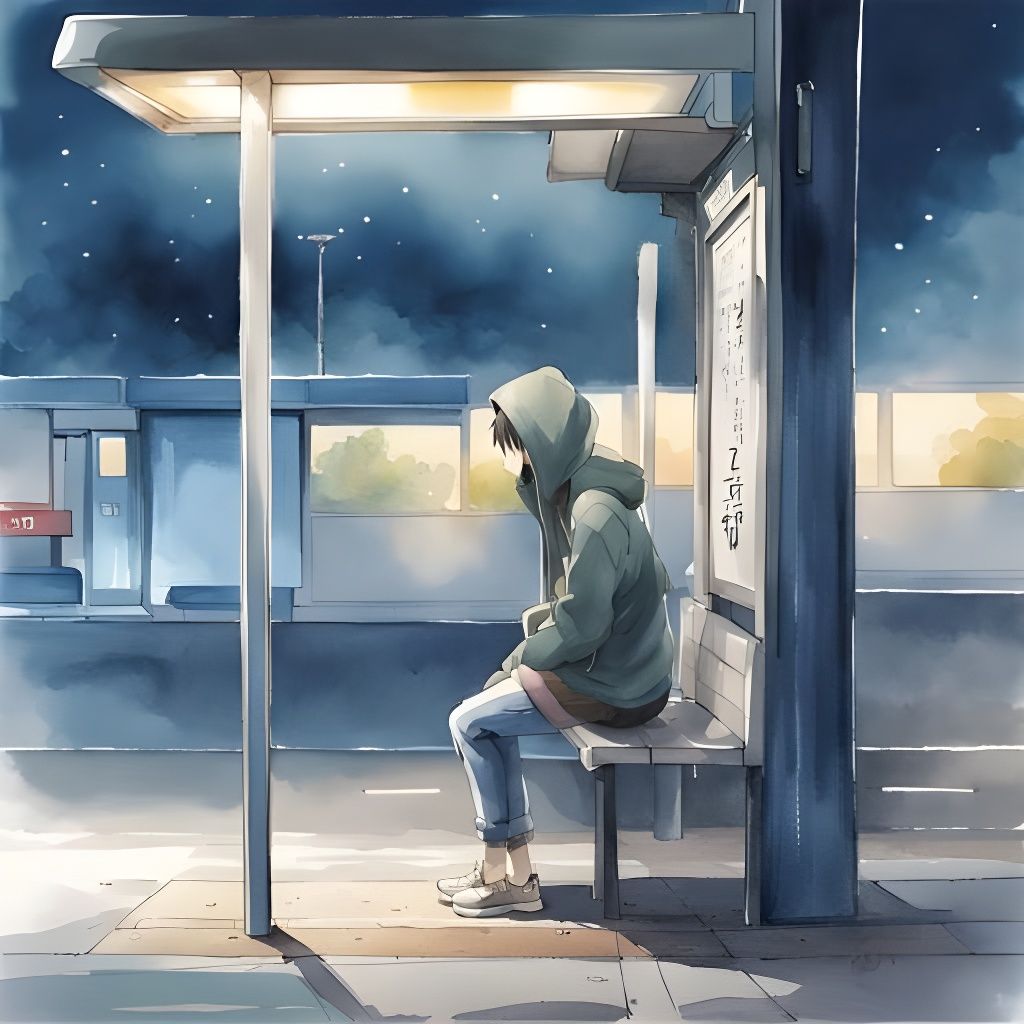 Teenager at Bus Stop in Watercolor Style