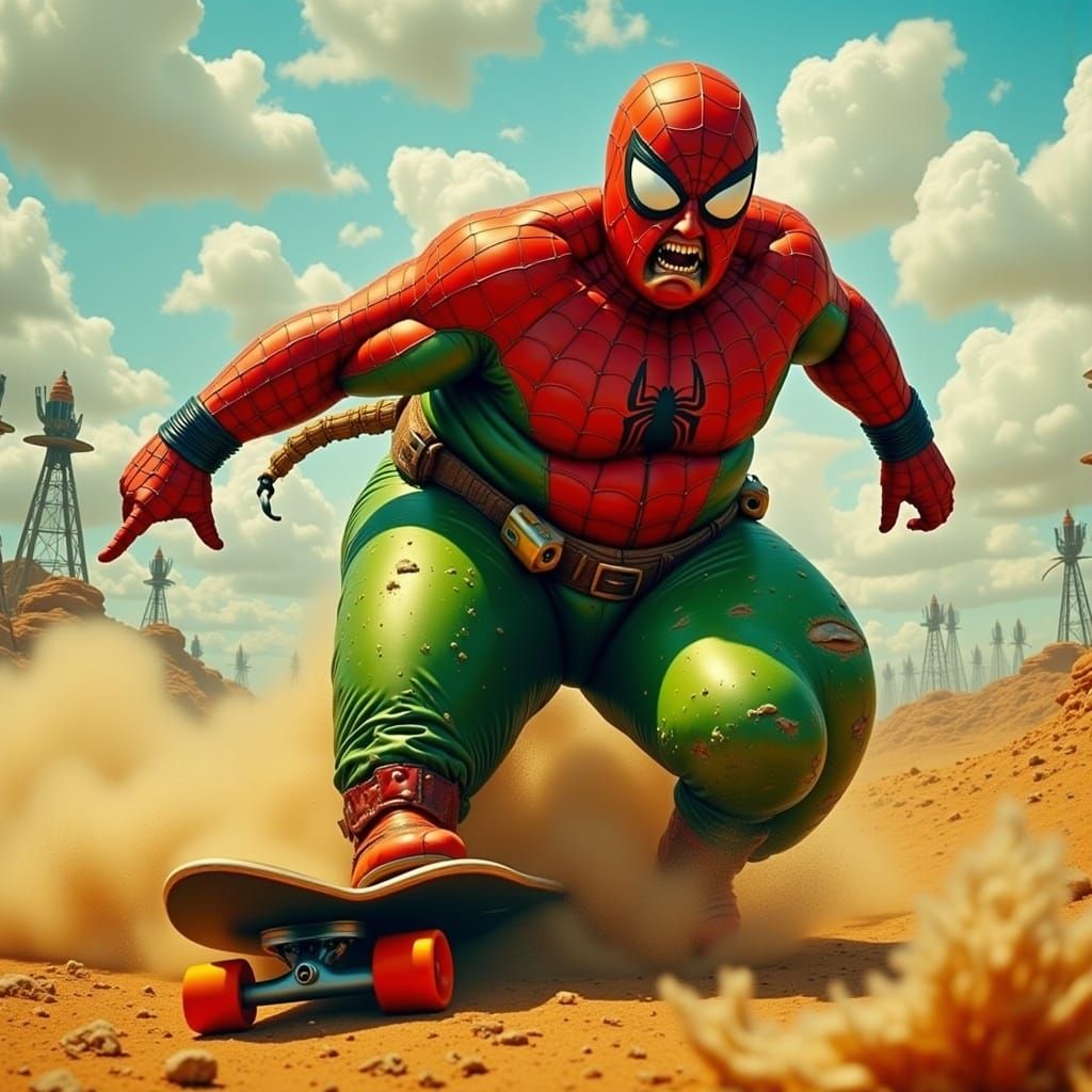 Obese Spiderman Races Through Wasteland in Comic Style