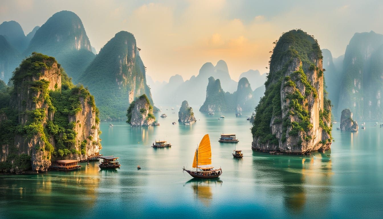 Ha Long Bay Sunset with Majestic Limestone Mountains