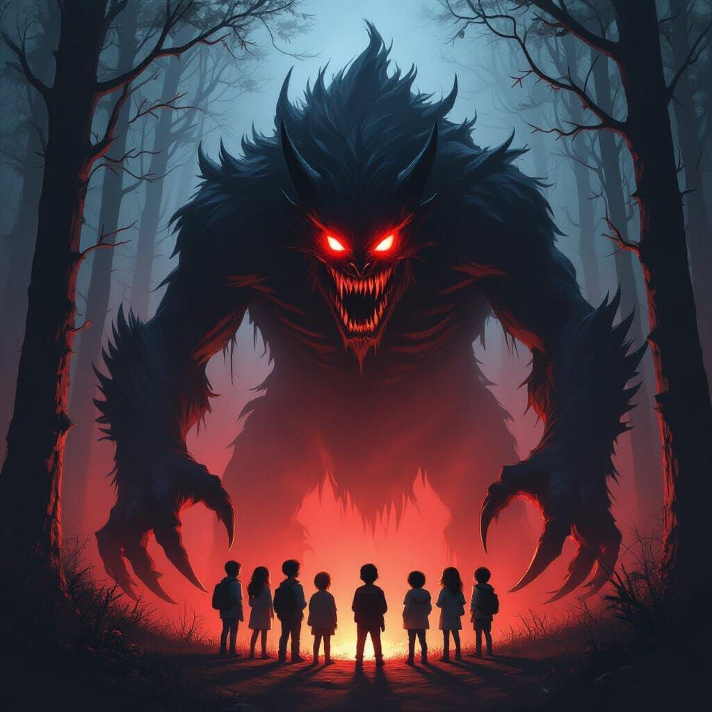 Colossal Shadow Monster Menaces Terrified Children in Dark F...