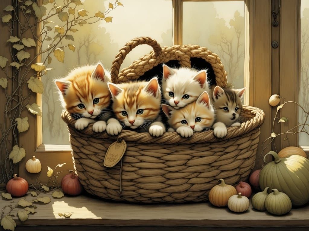 Cute Cats Emerge from a Vintage Wool Basket in Whimsical Sty...