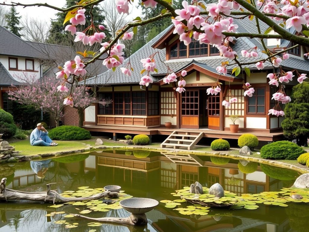 Ein traditionelles japanisches Teehaus neben einem stillen Teich, umgeben von blühenden Kirschbäumen im Frühling