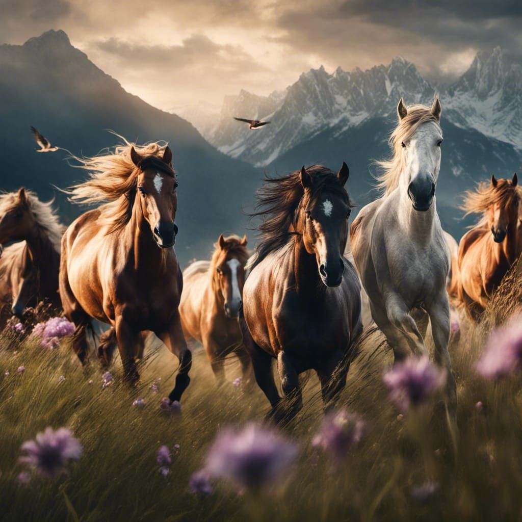 Wild Horses Galloping in Mountain Meadow