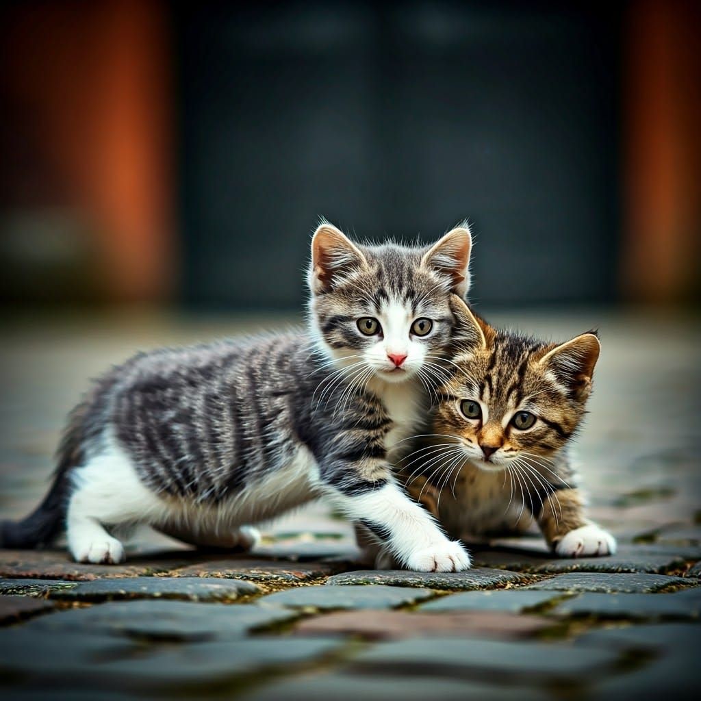 Playful Kittens Chase on Cobblestone Street
