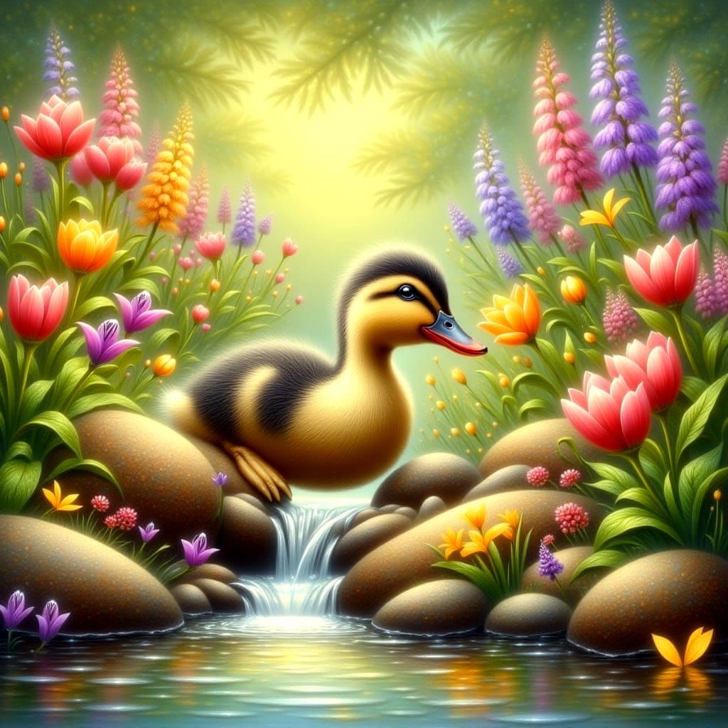 Duckling's Delight: A Floral Fantasy by the Stream