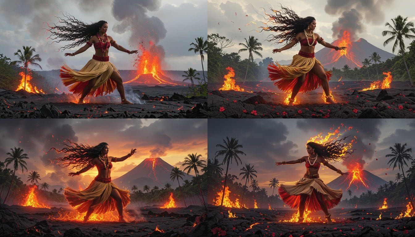 Pele, Goddess of Volcanoes, Dances Amidst Fiery Eruption