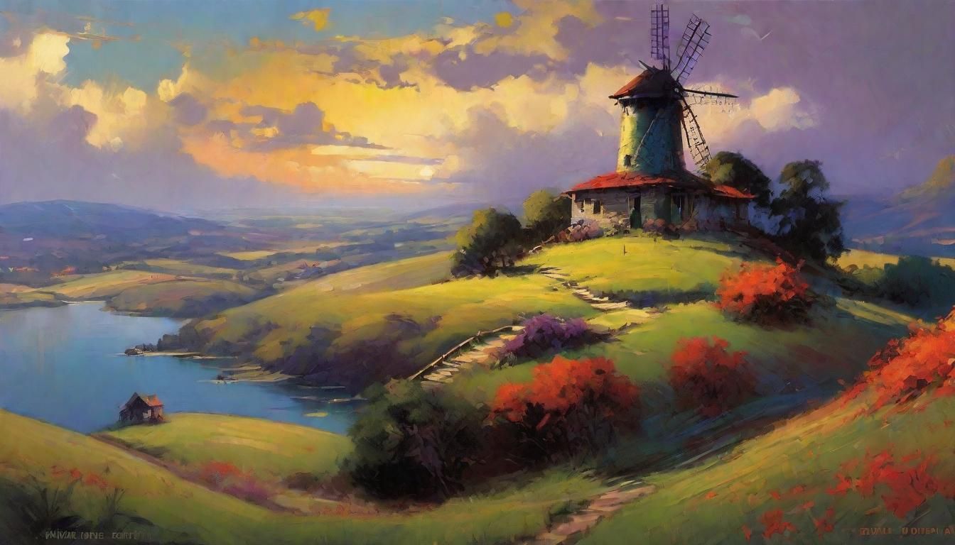 Hilltop Windmill: Impressionist Oil Painting