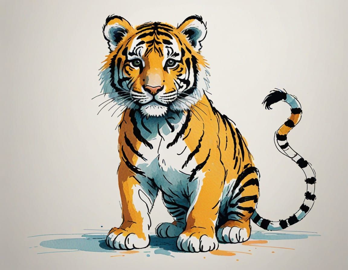 Childlike Tiger Sketch in Pastel Sticks on White Paper