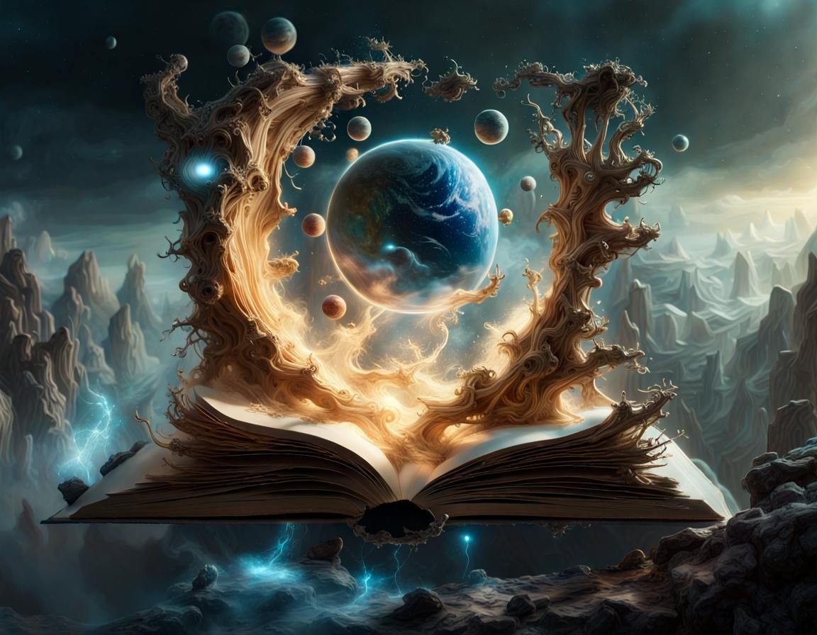 Miniature Universe Emerges from Book, Digital Illustration