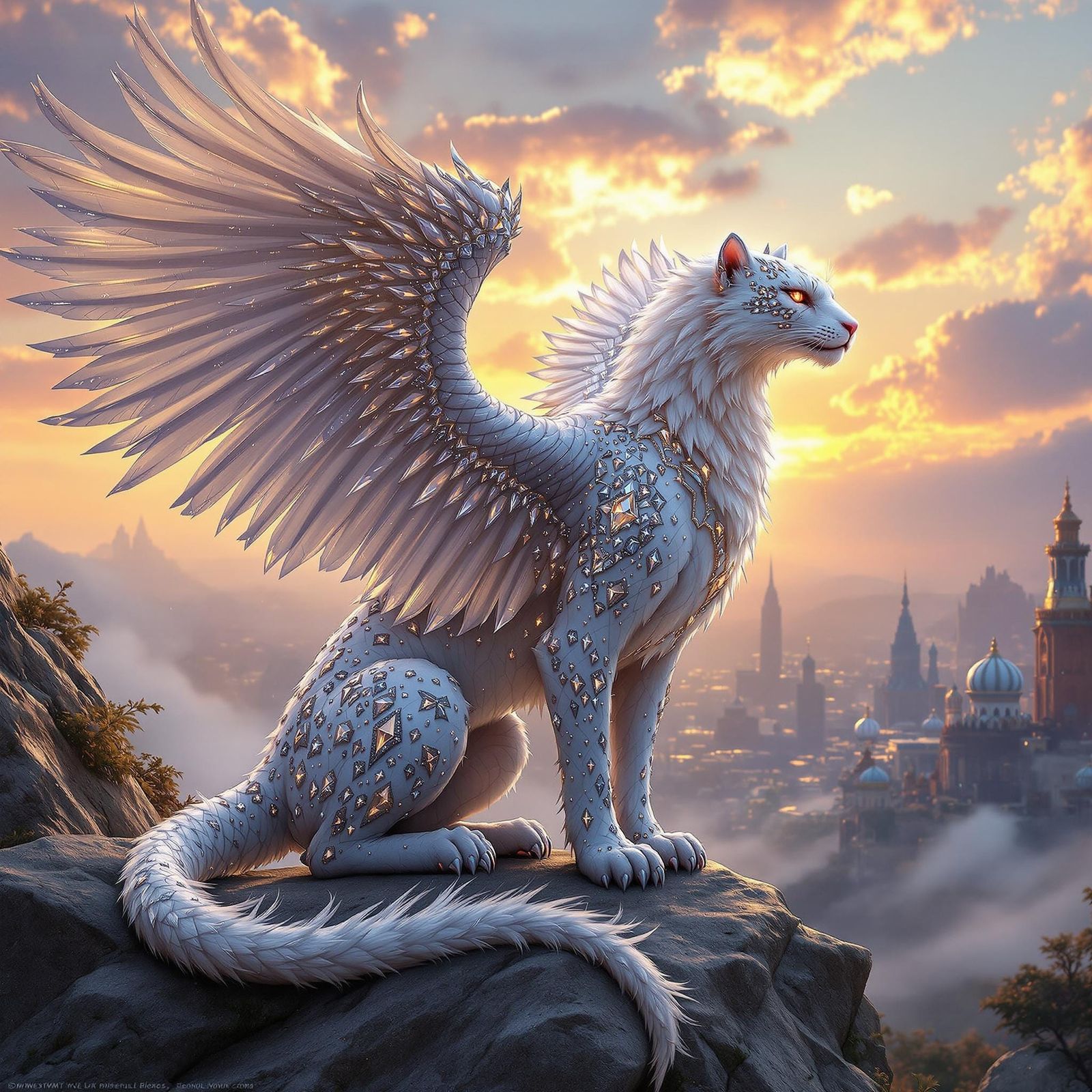Surreal Griffin-Caelistrix Emerges from Sunset Cityscape
