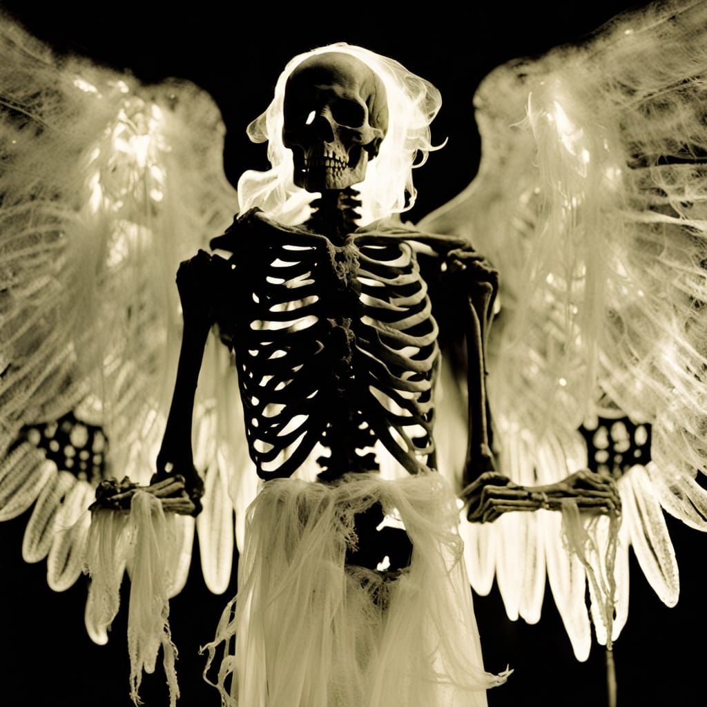 Infrared photography, Skeletal angel of death, apparition, luminous silk, wings of light , bone angel ,psychopomp