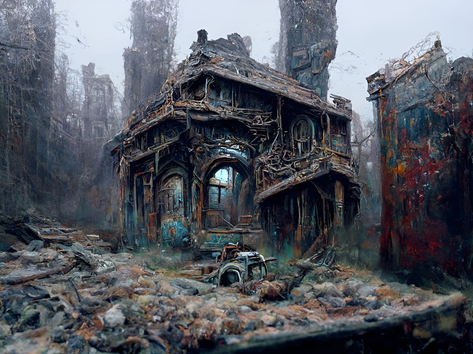 Post-Apocalyptic Building Interior in Digital Illustration S...
