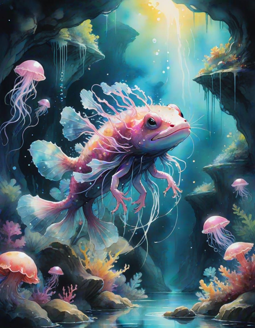 Ethereal Axolotl-Jellyfish Hybrid in Anime Style