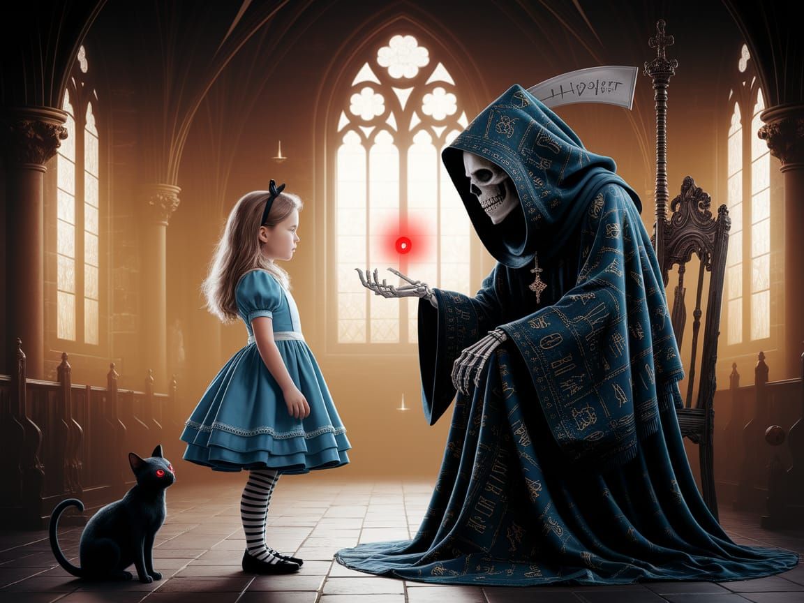 Mythological Surrealism: Girl Offered Red Pill by Grim Reape...