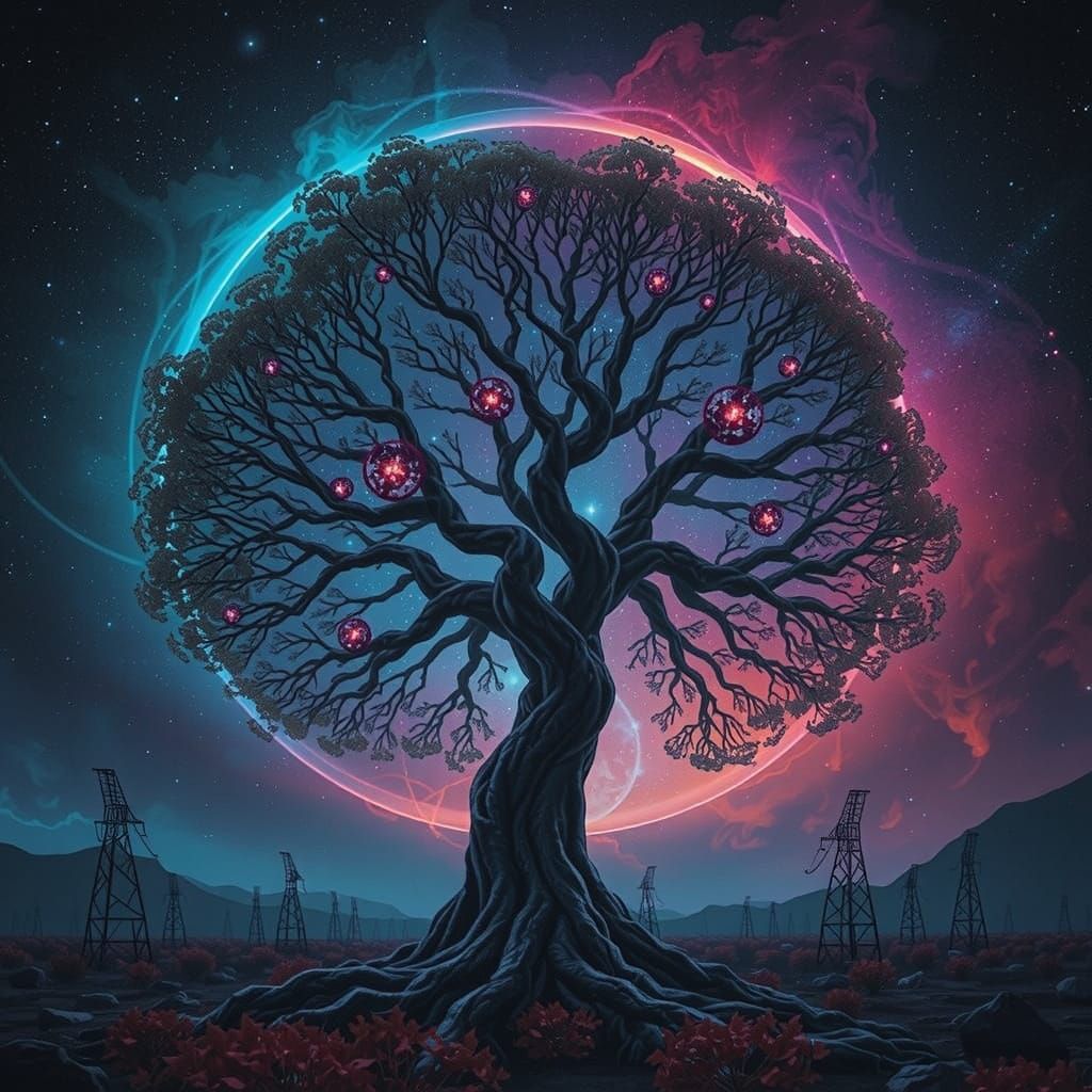 Glowing Cosmic Tree in a Swirling Nebula