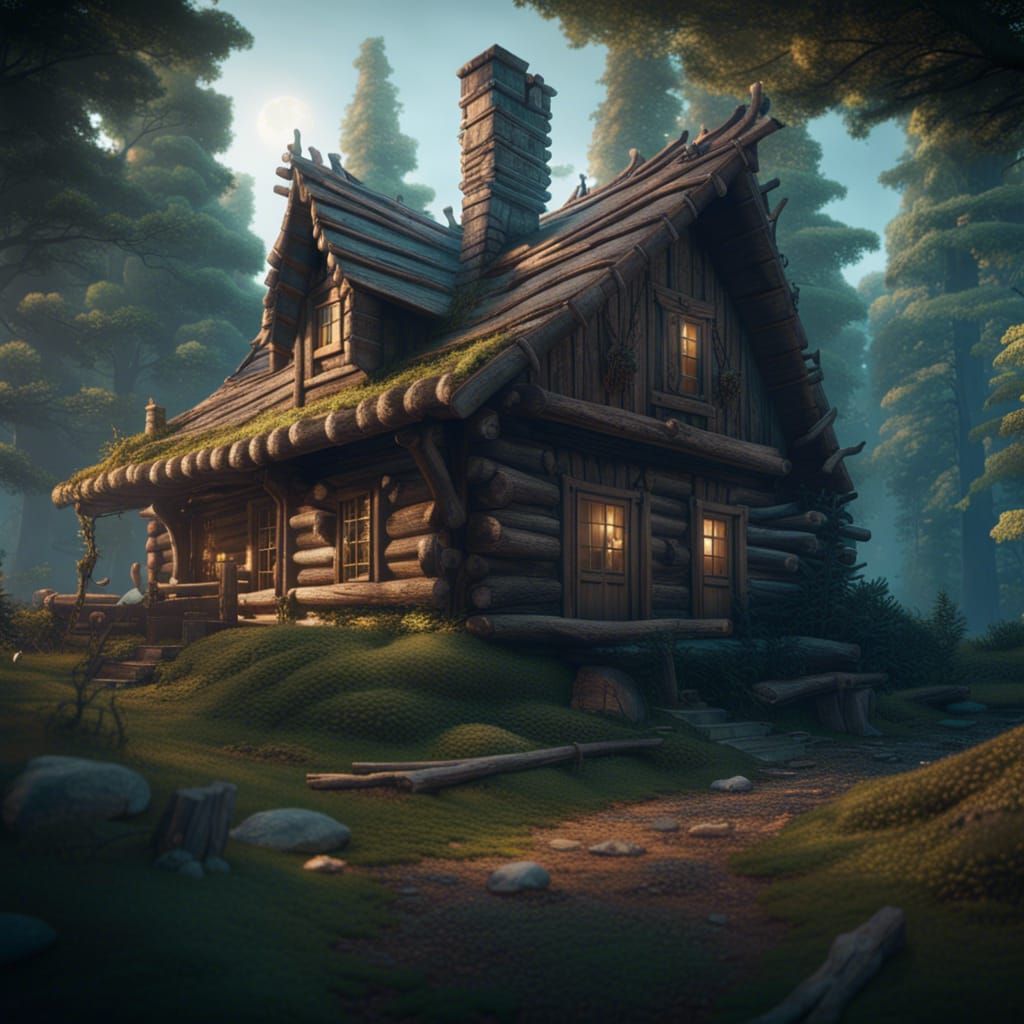 Log Cabin in Forest, Detailed Matte Painting