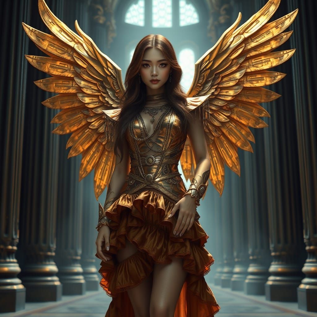 Ethereal Asian Woman with Golden Wings in Cathedral