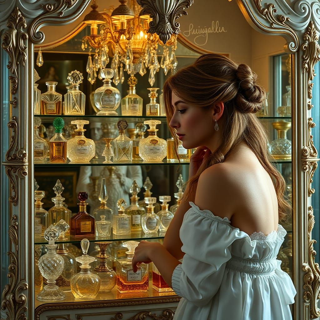 Baroque Woman Admiring Perfume Bottle Treasures