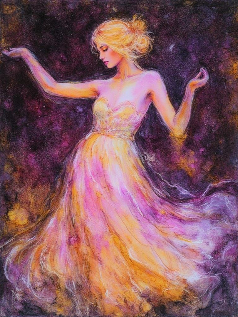 Vibrant Dancing Woman in Mauve and White Pencil Style