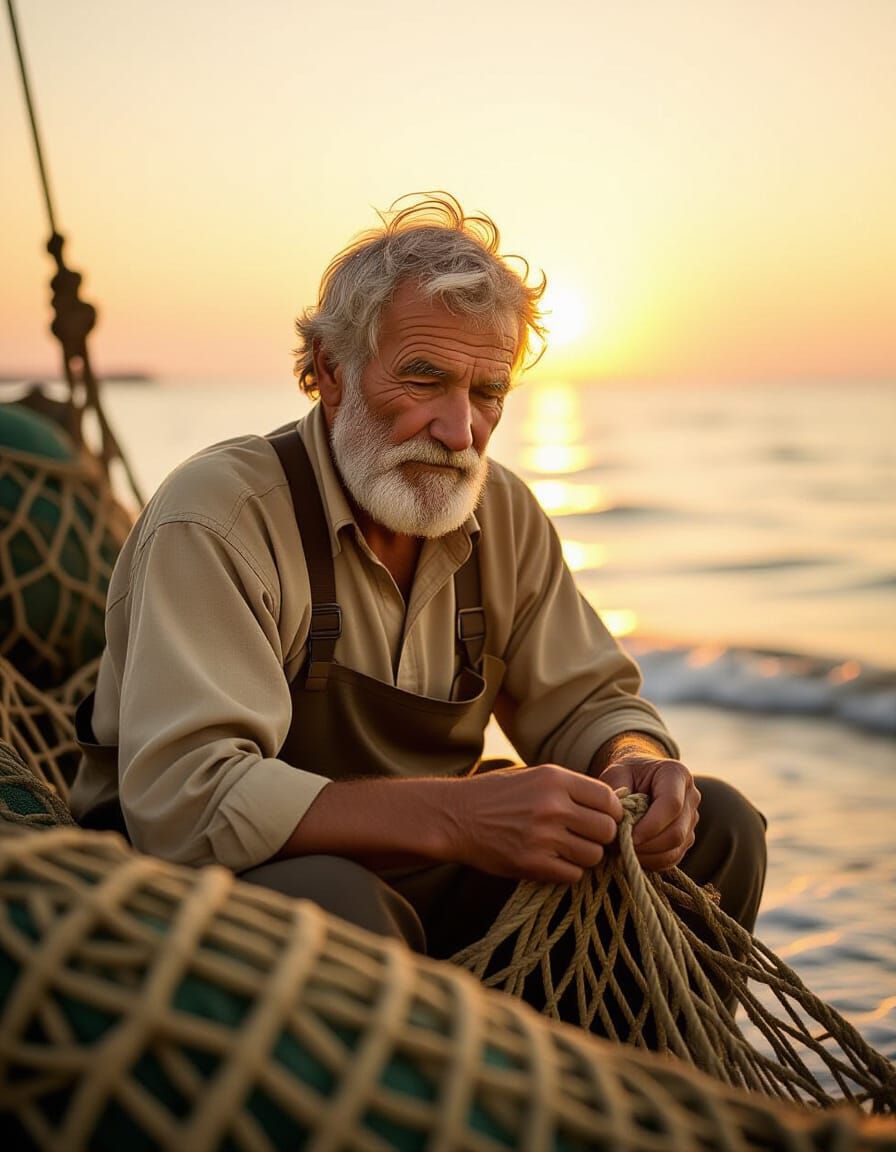 Elderly Fisherman Mending Nets by Sea at Dawn in Autochrome