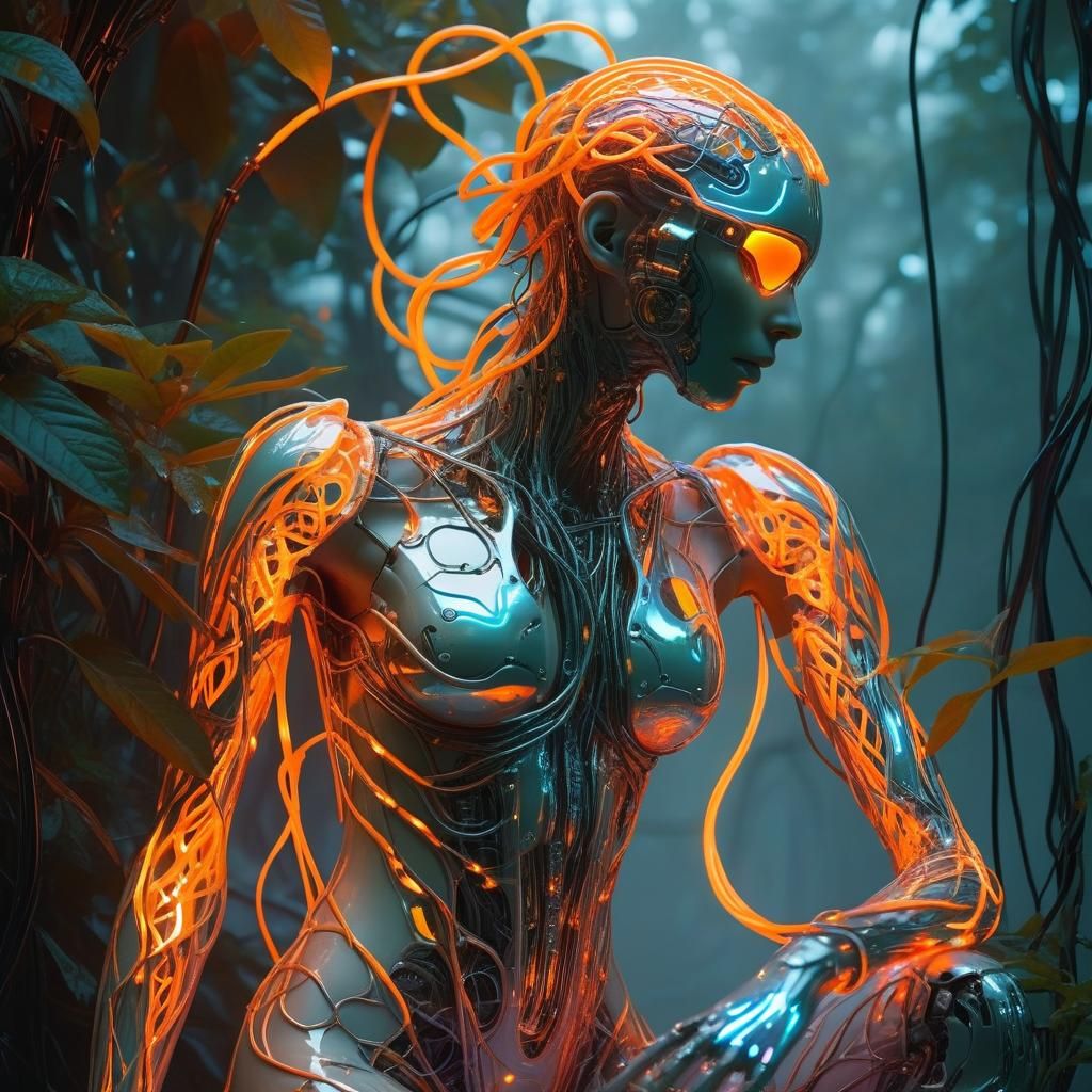 Cyberpunk Elemental Creature with Neon Foliage