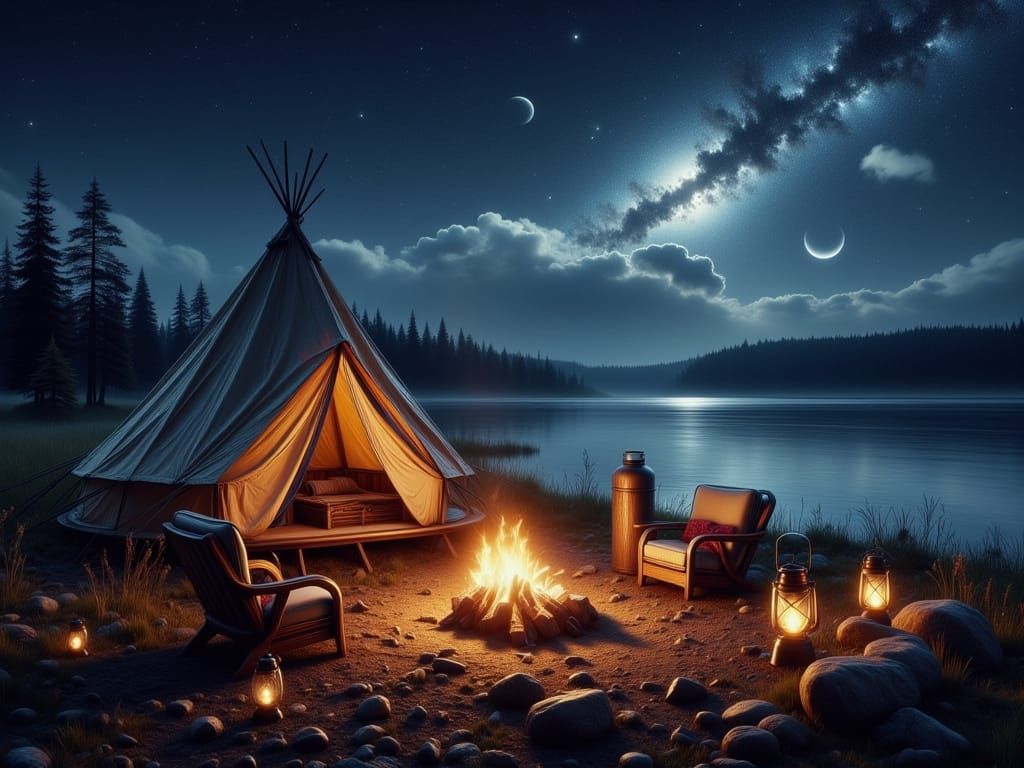 Whimsical Campsite under Starry Night Sky