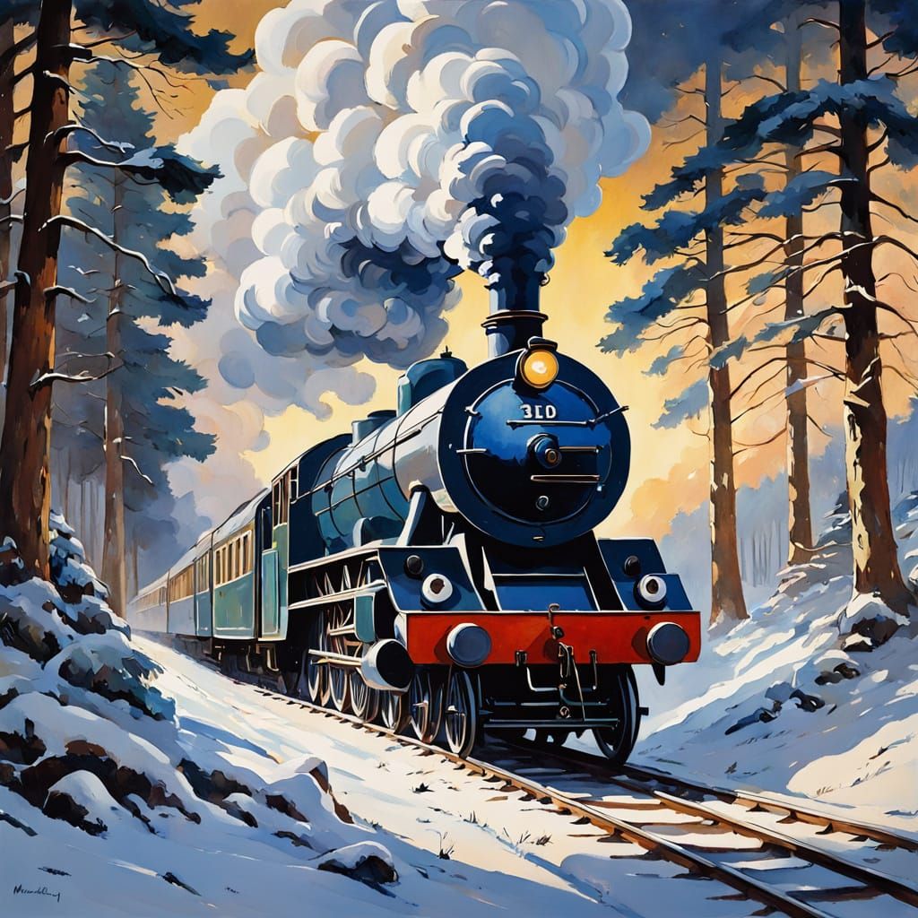 LNER Steam Train in Snowy Forest at Night