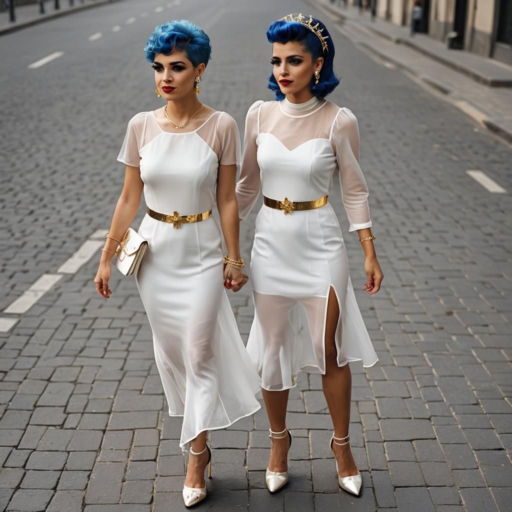 Spanish Woman in White Dress with Blue Hair