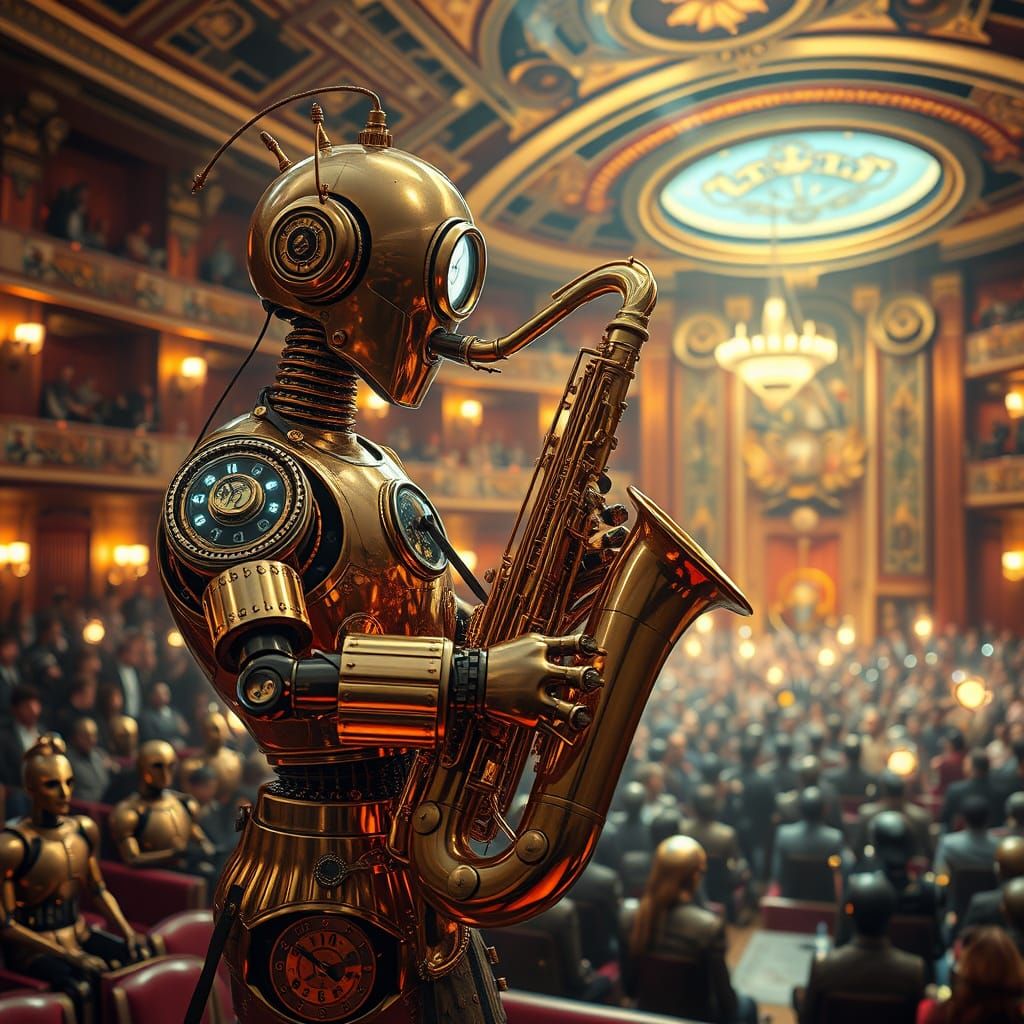 A whimsical scene of a steampunk robot musician playing a go...