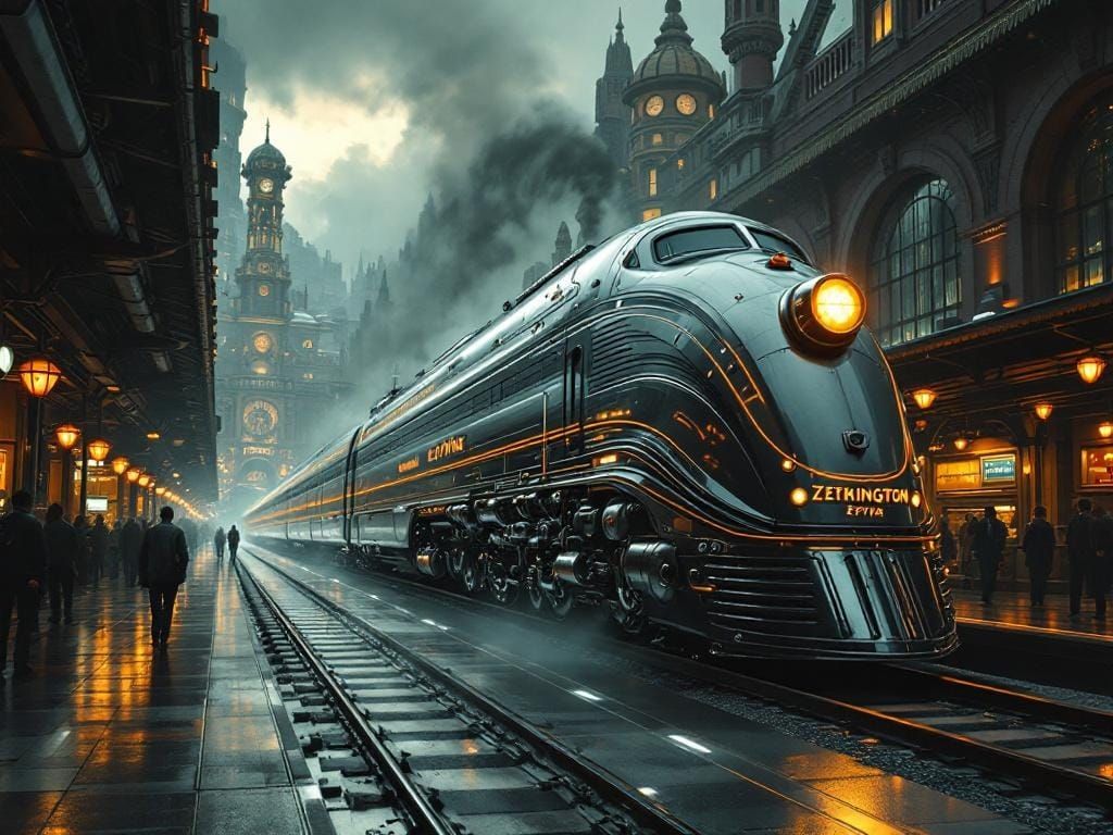 Burlington Zephyr Train Arriving in Art Deco City