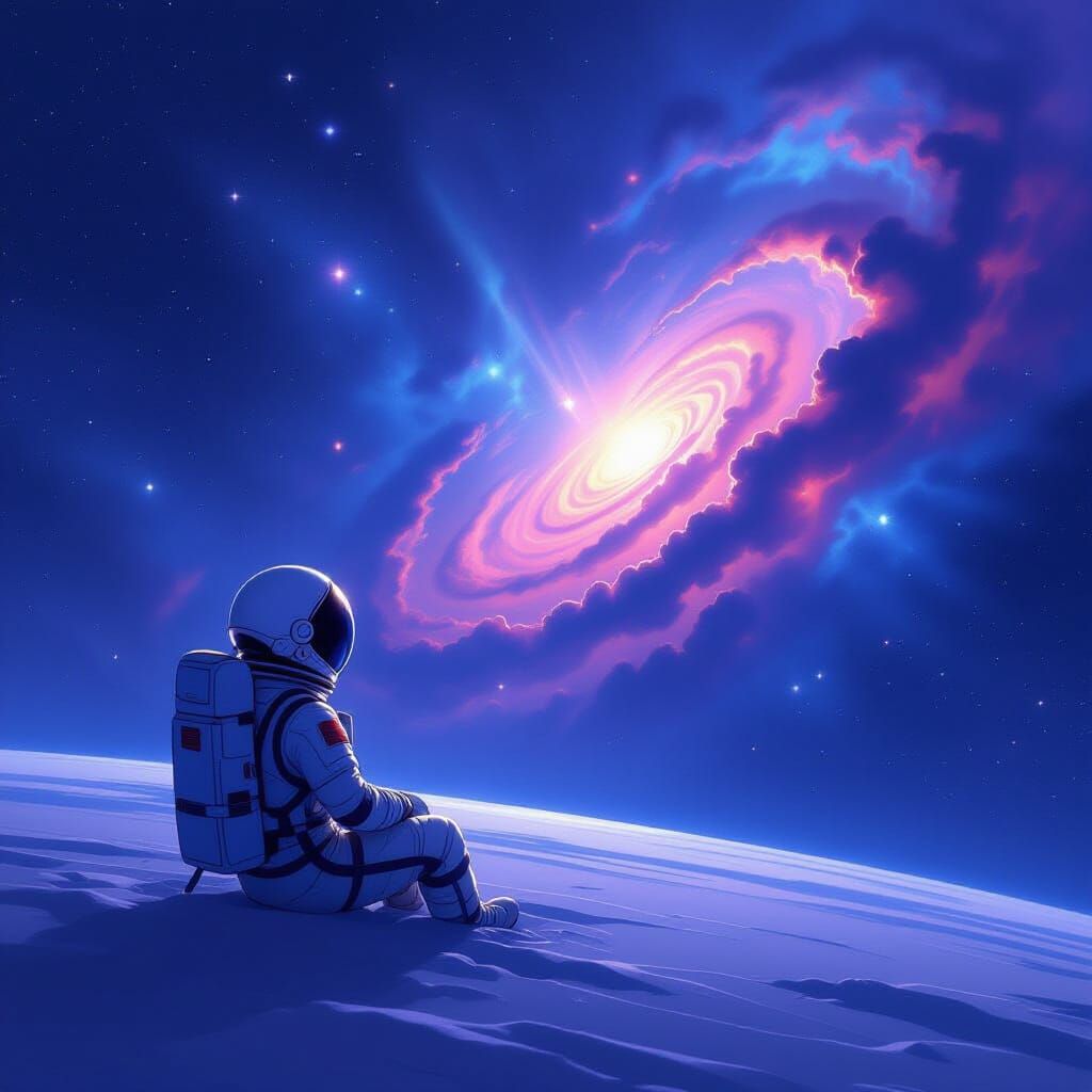 Astronaut Gazing at Nebula in Manga-Realism Style